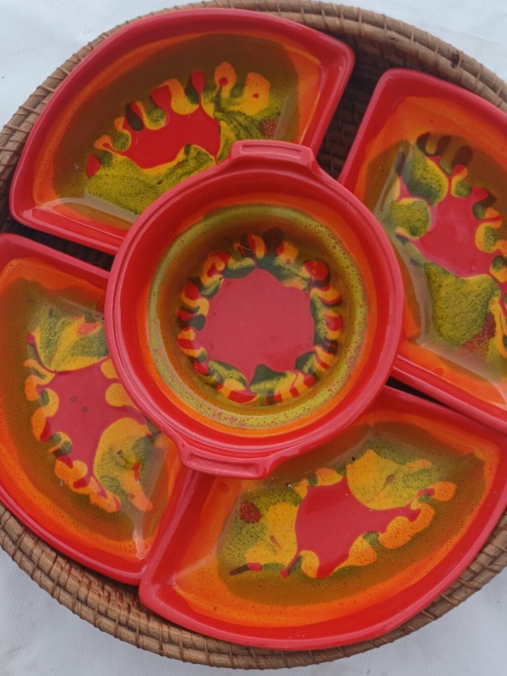 California Pottery dipping bowls with straw basket